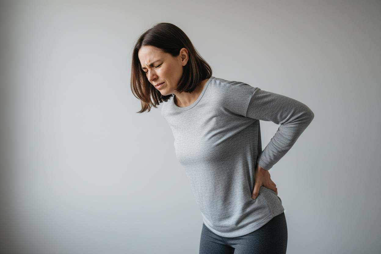 Generiere mir ein Bild einer Frau die an Rückenbeschwerden leidet mit schlichtem Hintergrund